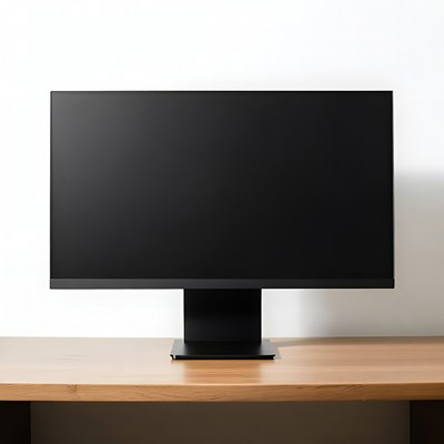 Black monitor on wooden desk