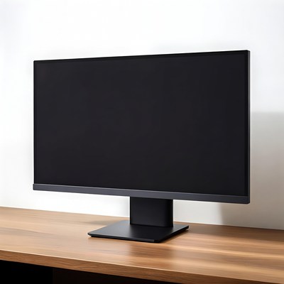 Black monitor on wooden desk