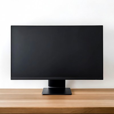 Black monitor on wooden desk