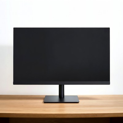 Black monitor on wooden desk
