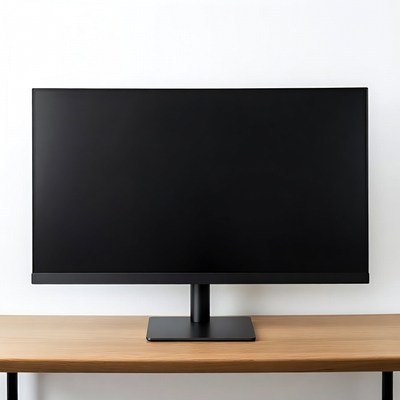 Black monitor on wooden desk