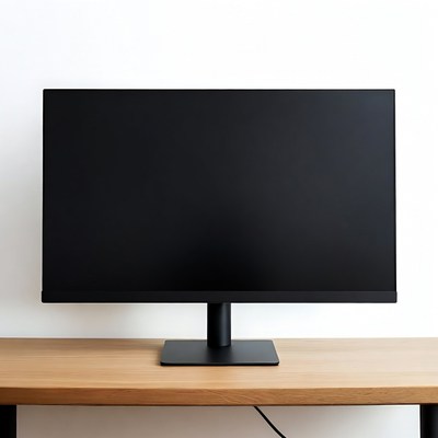 Black monitor on wooden desk
