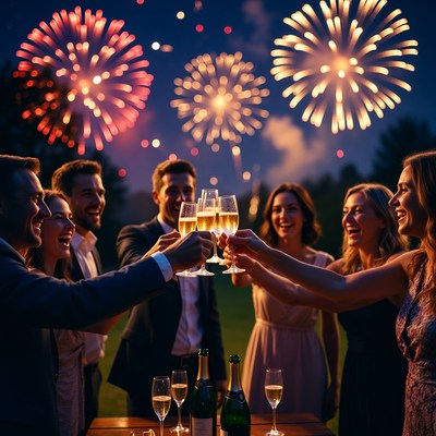 Group toasting champagne under fireworks