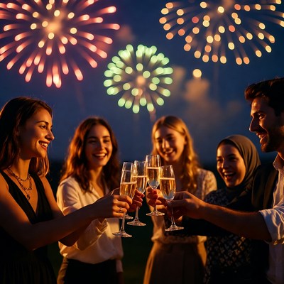 Diverse group toasting champagne fireworks