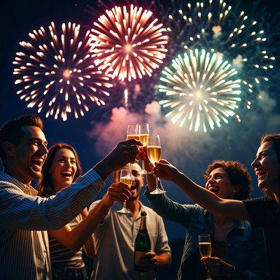 Group toasting champagne with fireworks