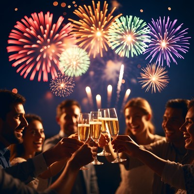 Group toasting champagne under fireworks