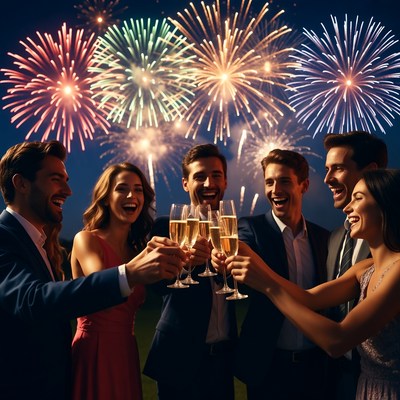 Group toasting champagne with fireworks