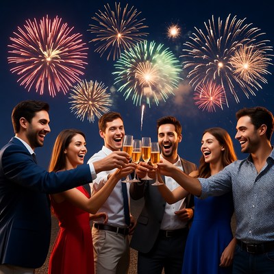 Group toasting champagne with fireworks