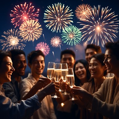 Diverse group toasting champagne fireworks