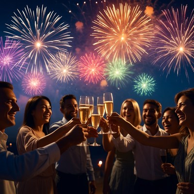 Group toasting champagne under fireworks