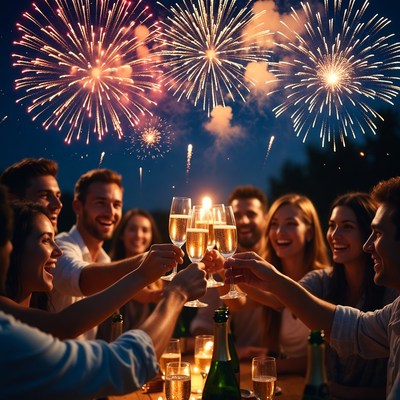 Group toasting champagne with fireworks