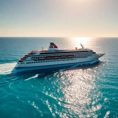 White Cruise Ship Sailing at Sunset