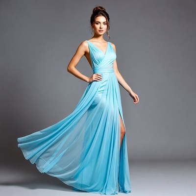 Woman in flowing turquoise gown