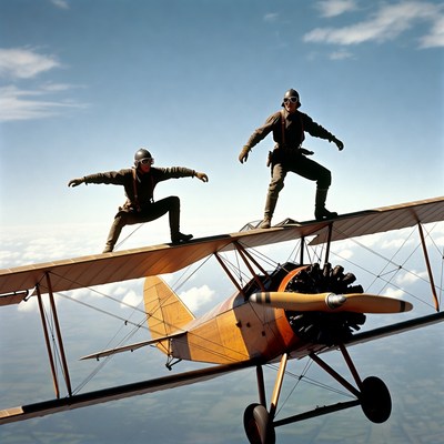 Two aviators standing on biplane