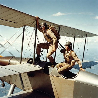 Two aviators on biplane wing