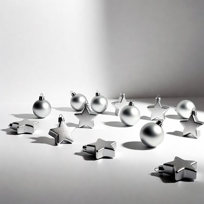 Silver Christmas Ornaments on White Background