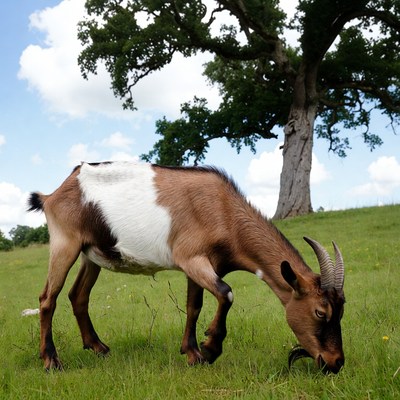 Goat grazing under oak tree