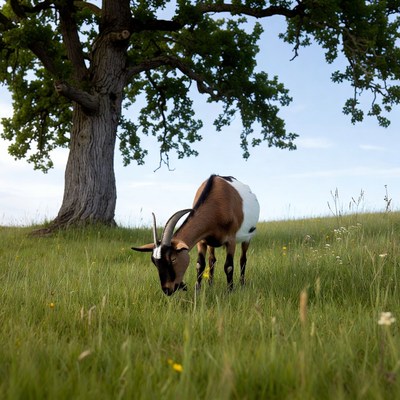 Goat grazing under oak tree