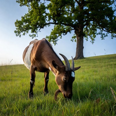 Goat grazing under oak tree