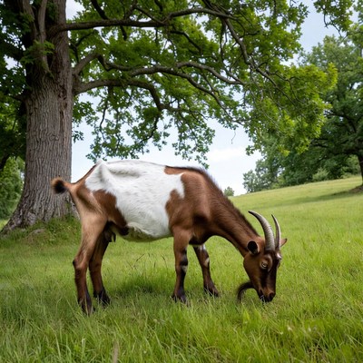 Goat grazing in green meadow
