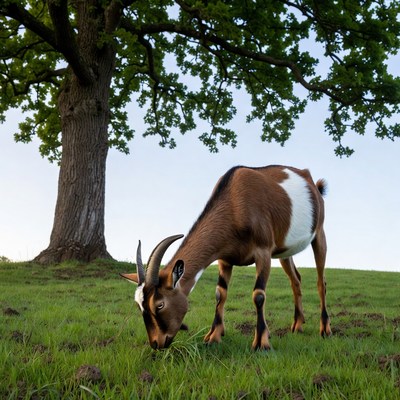 Goat grazing grass under oak tree