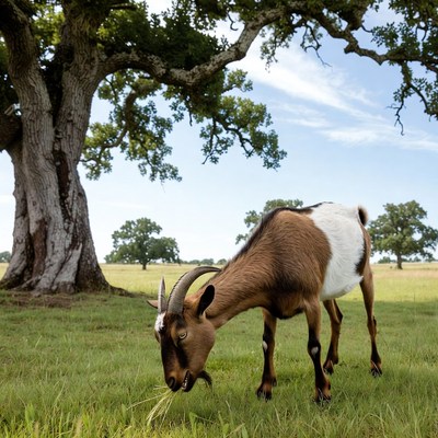 Goat grazing grass under oak tree