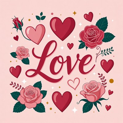 Love Text with Hearts and Roses