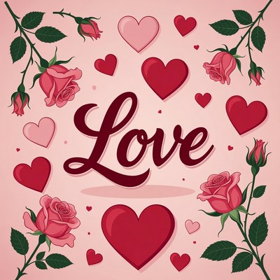 Love Text with Hearts and Roses