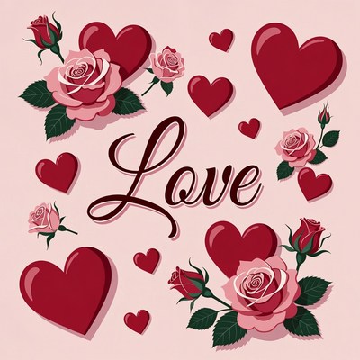 Love Text with Hearts and Roses