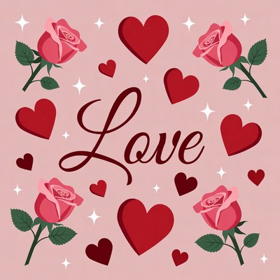 Love Text with Hearts and Roses