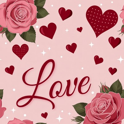 Love Text with Pink Roses and Hearts