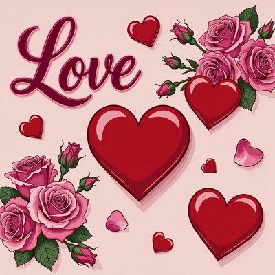 Love Text with Hearts and Roses