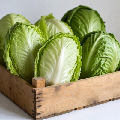 Fresh green cabbage in wooden crate
