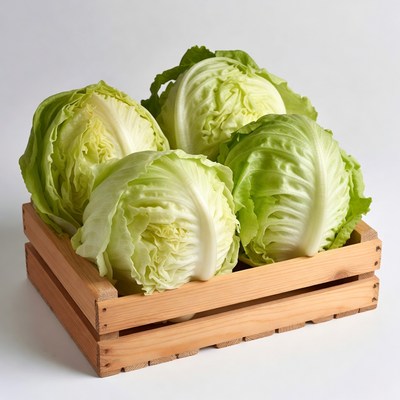 Fresh green cabbages in wooden crate