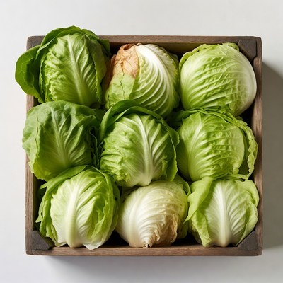 Fresh green cabbage in wooden crate