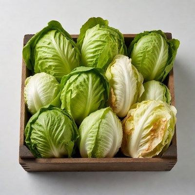 Fresh green cabbage in wooden crate