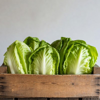 Fresh green lettuce heads in wooden crate
