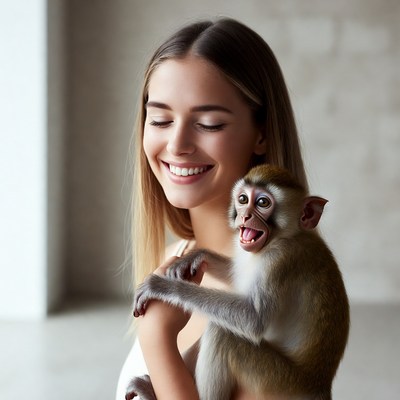 Woman holding smiling monkey