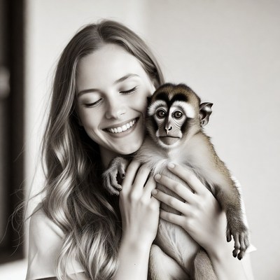 Woman holding smiling monkey
