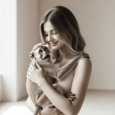 Woman holding cute monkey