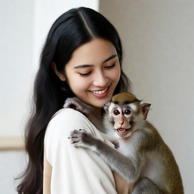 Asian woman holding monkey