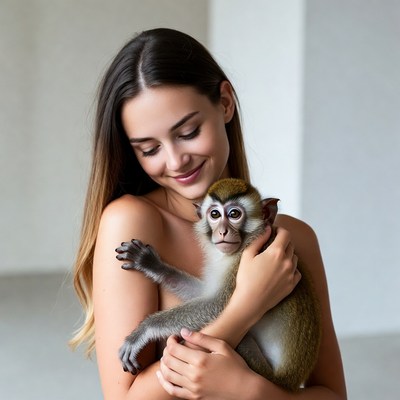 Nude woman holding monkey