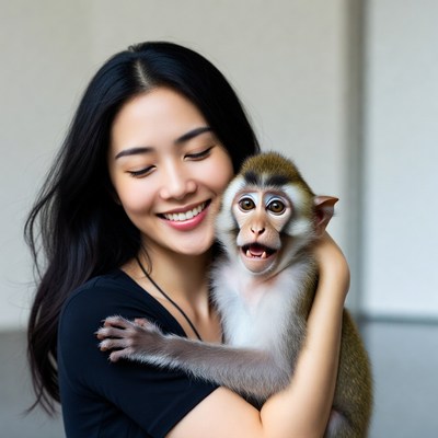 Asian woman holding smiling monkey