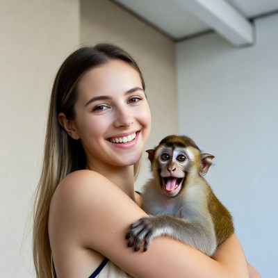 Smiling woman holding happy monkey