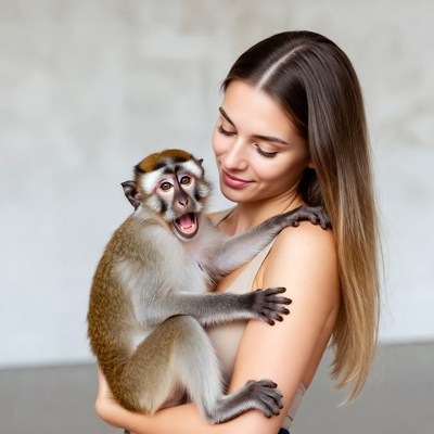 Woman holding smiling monkey