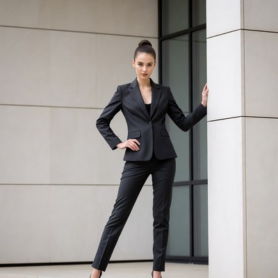 Woman in black suit leaning on wall