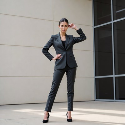 Asian woman in black suit posing