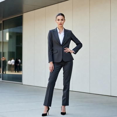 Woman in gray suit outside building