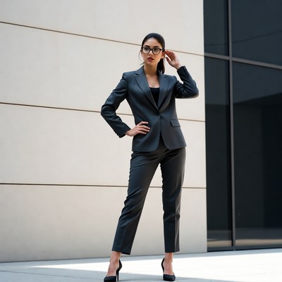 Asian woman in black suit posing