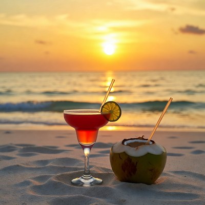 Margarita and Coconut on Beach Sunset